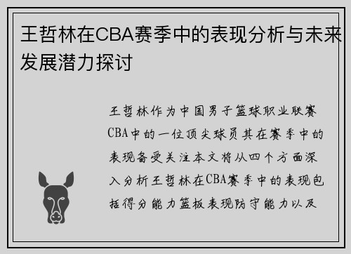 王哲林在CBA赛季中的表现分析与未来发展潜力探讨