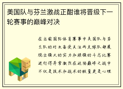 美国队与芬兰激战正酣谁将晋级下一轮赛事的巅峰对决